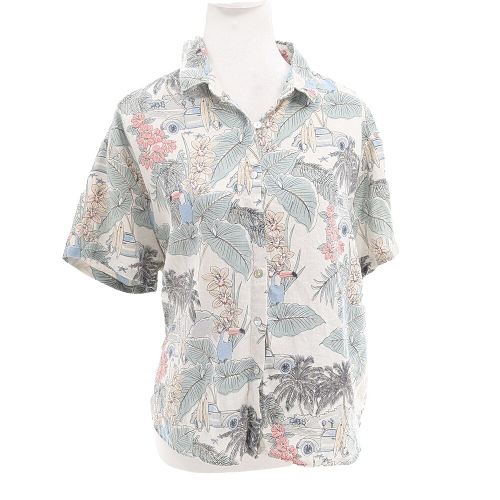 C&C California 100% Linen Tropical Birds Short Sleeve Button T-Shirt Size Medium